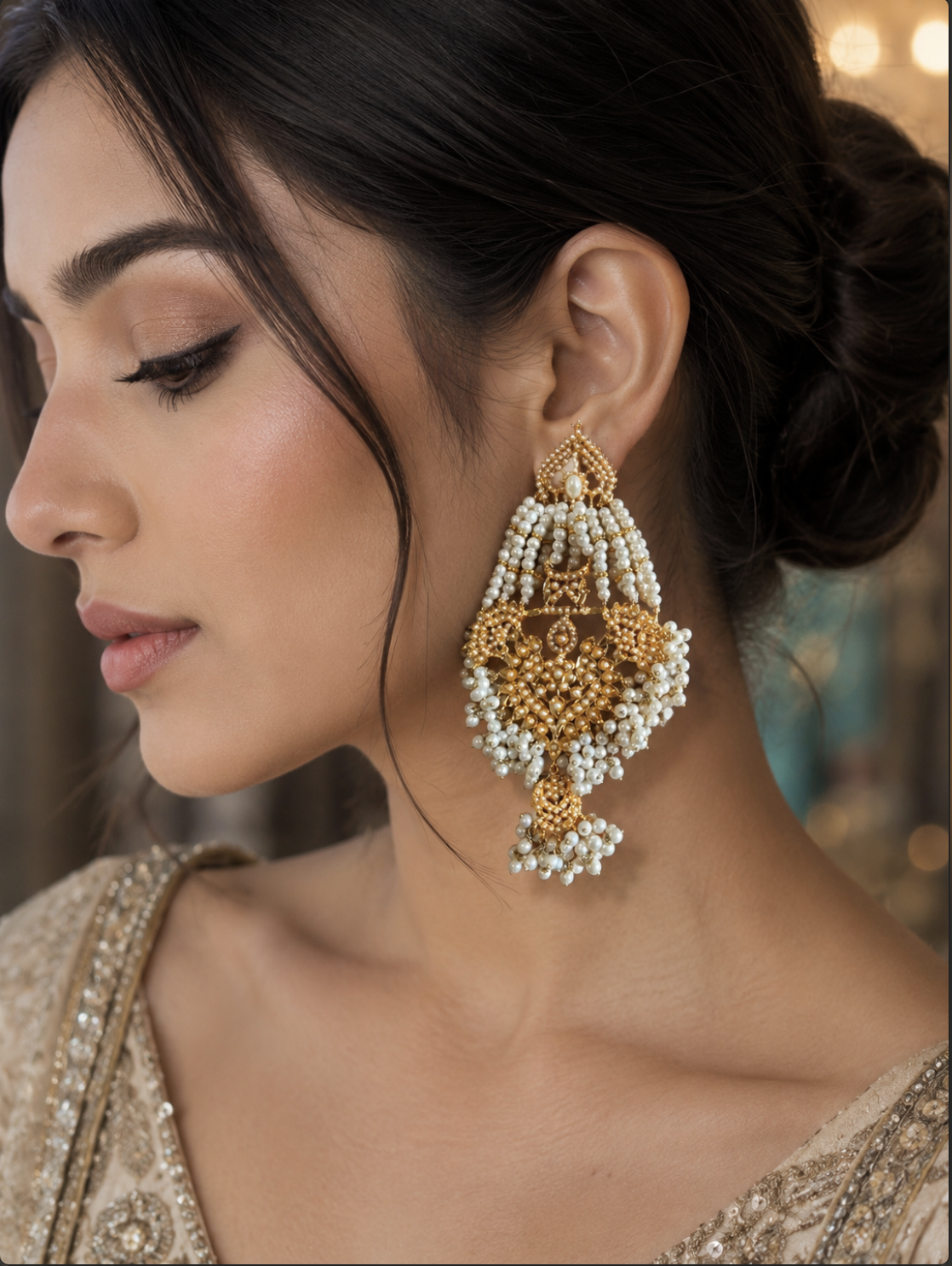 Model wearing gold and pearl chandelier earrings
