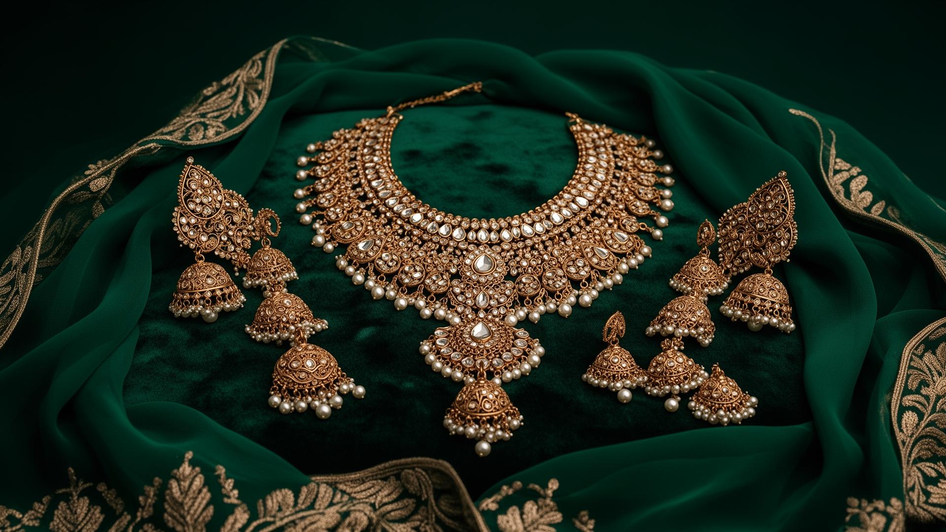 Luxury South Asian gold jewelry on maroon velvet